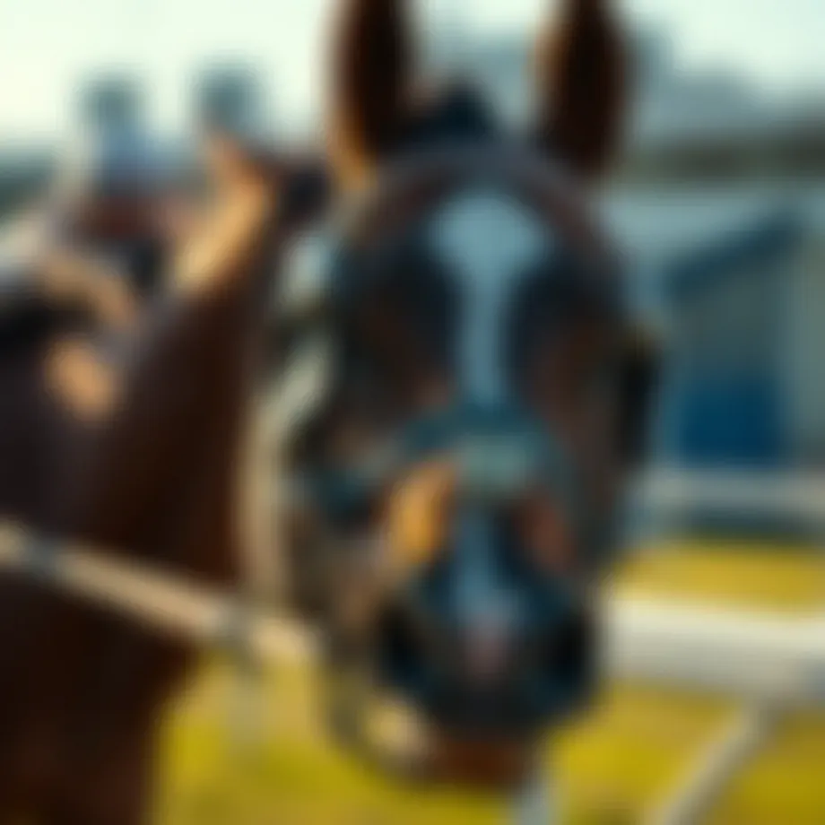 Close-up view of a racehorse wearing blinkers